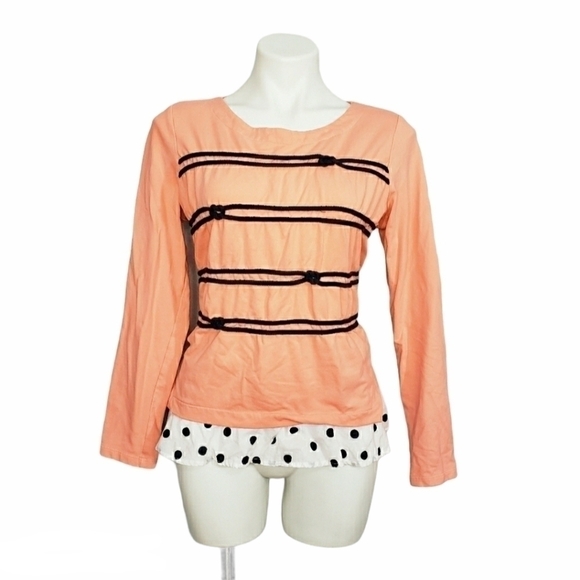 Crown Ivy Petite Medium Peach Nautical Striped Peplum Dot Hem Long Sleeve Top - Picture 2 of 5